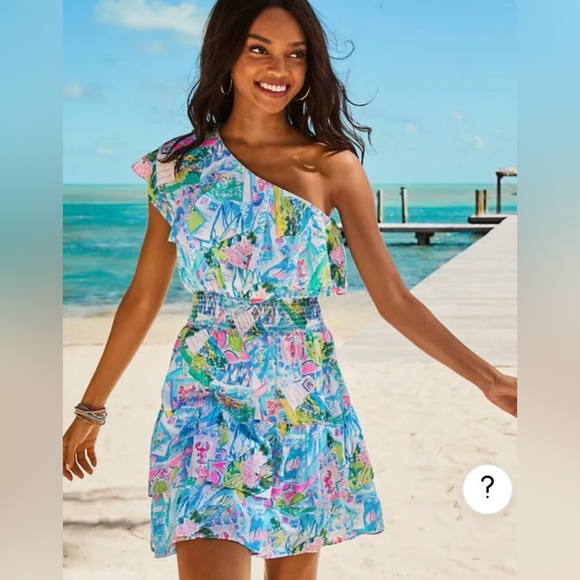 NWT Lilly Pulitzer Addilyn Pop Up  Wish You Were Here One Shoulder Ruffled Dress - Picture 9 of 9